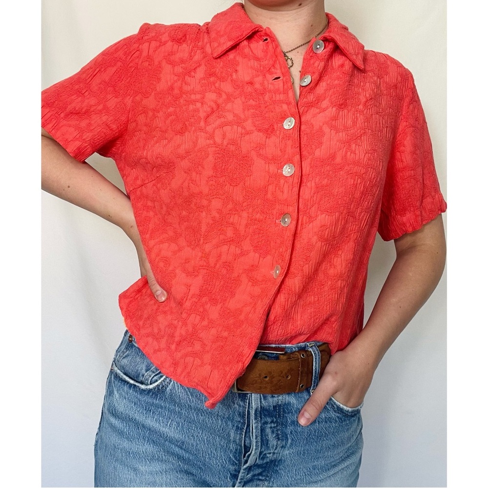 KSL Karin Stevens | Vintage 90s Coral Orange Textured Button Down Blouse